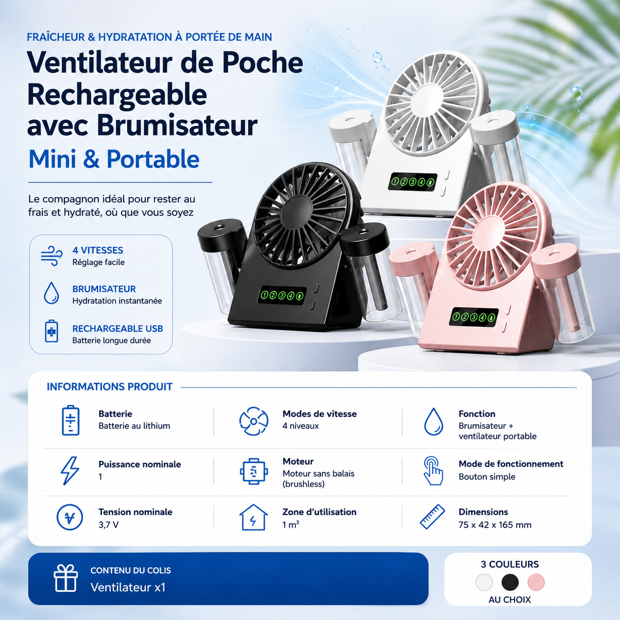 Mini Ventilateur Portable Rechargeable avec Brumisation