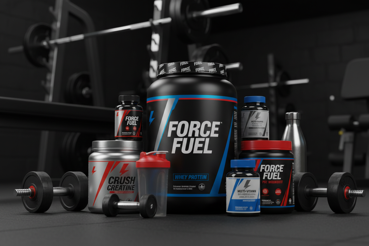 Proteina, Creatina, Suplementos en general de gym para una portada 